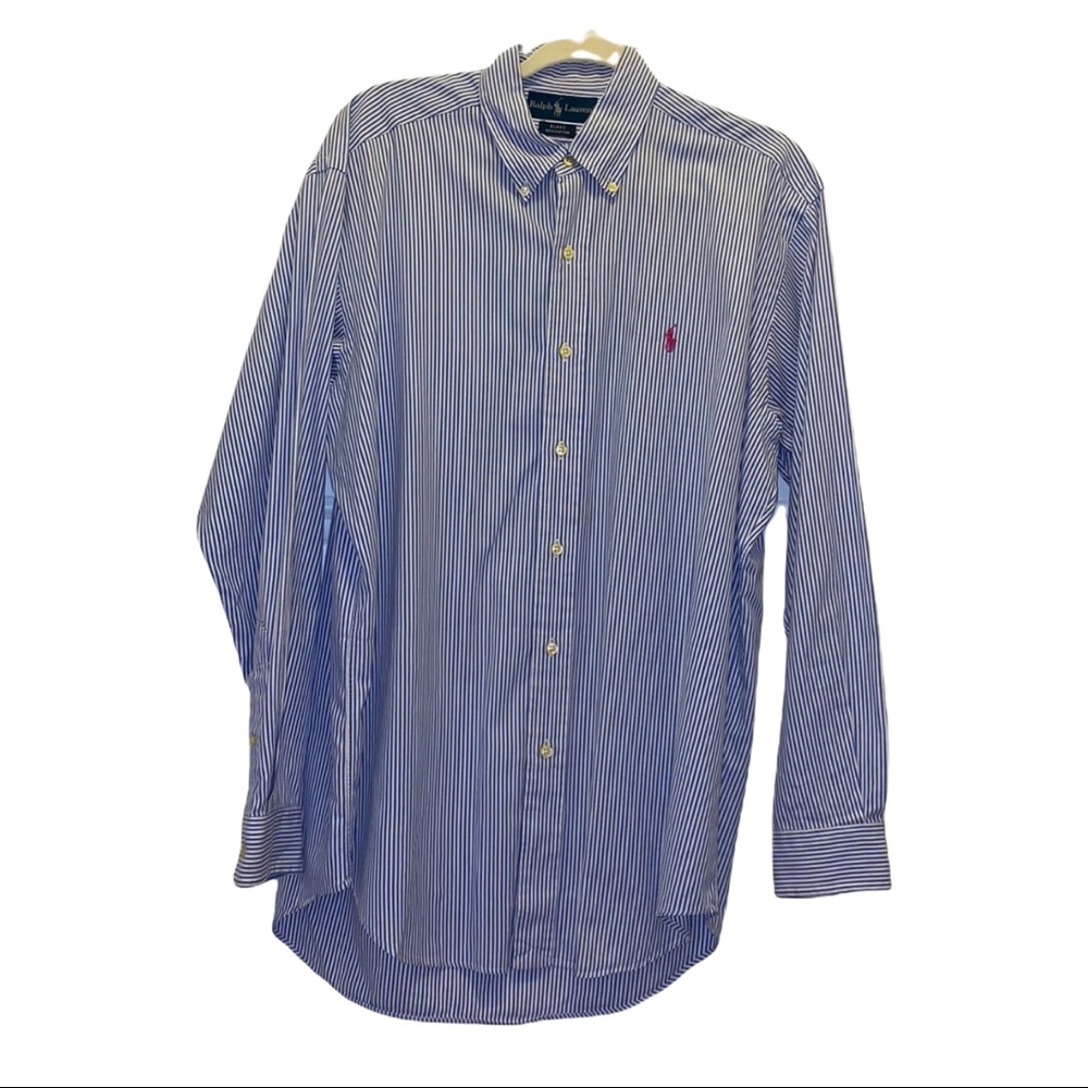 Ralph Lauren Button Down Shirt Blue White Stripes with dark Pink pony - Picture 2 of 3